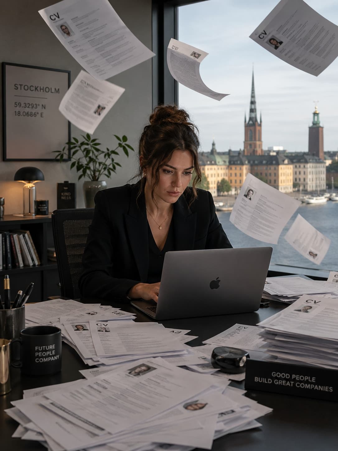 Recruiter overwhelmed by stacks of paper CVs at a classic desk